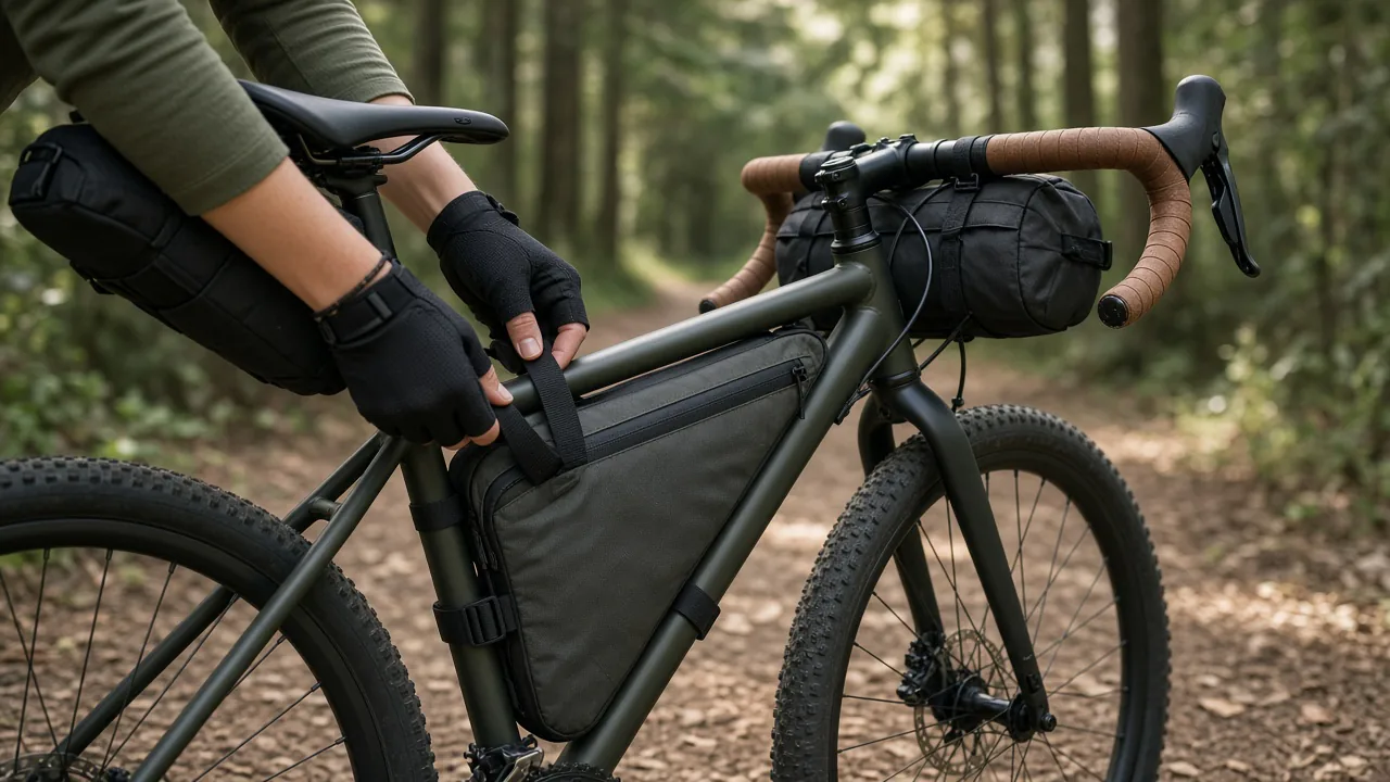 Woman tightening a half-frame bag on a small-frame gravel bike