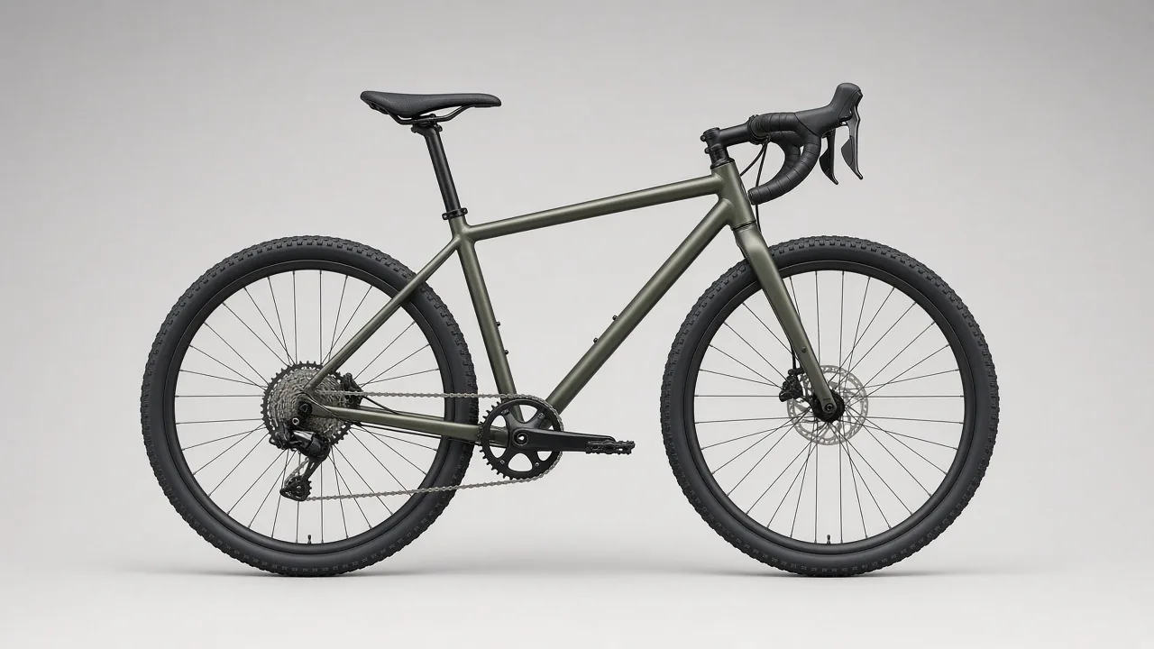Small gravel bike in side profile, with standover, reach, and stack marked