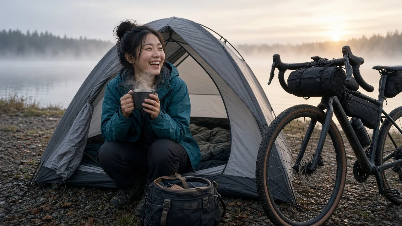 A woman laughs in her tent doorway with a steaming mug, a misty lake and her bike behind her.