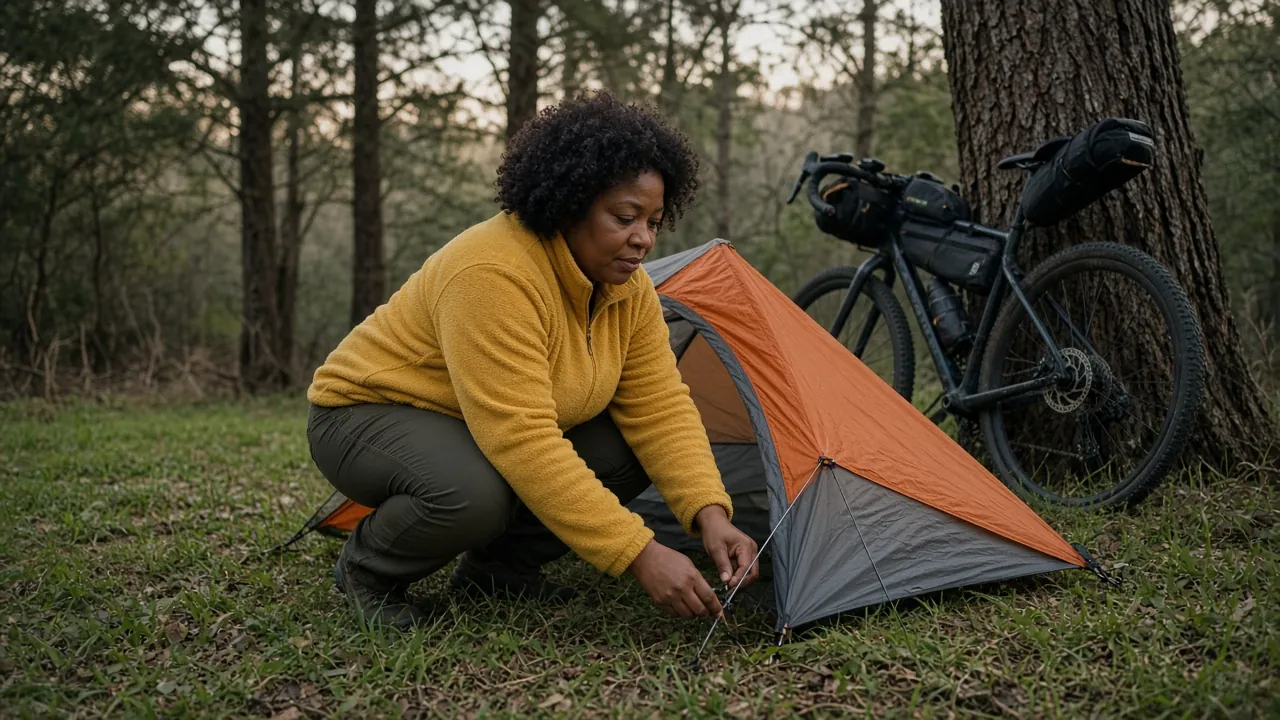 A woman in a yellow fleece crouches to stake her orange tent at a forest camp, her loaded bike beside it.