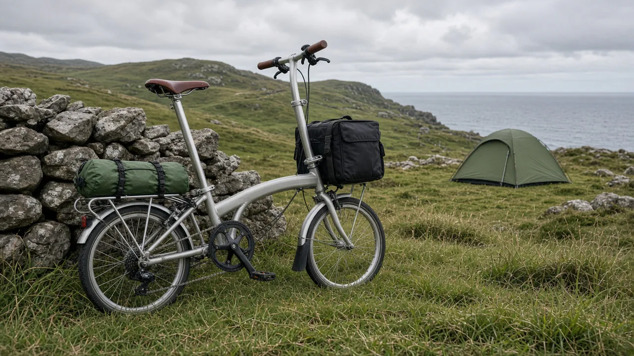 Small-wheeled folding bike loaded for a camping tour on a windswept island coast.