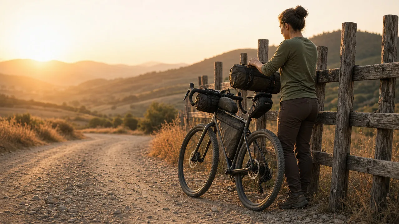 Rider beside a small-frame bikepacking bike on a gravel road at golden hour