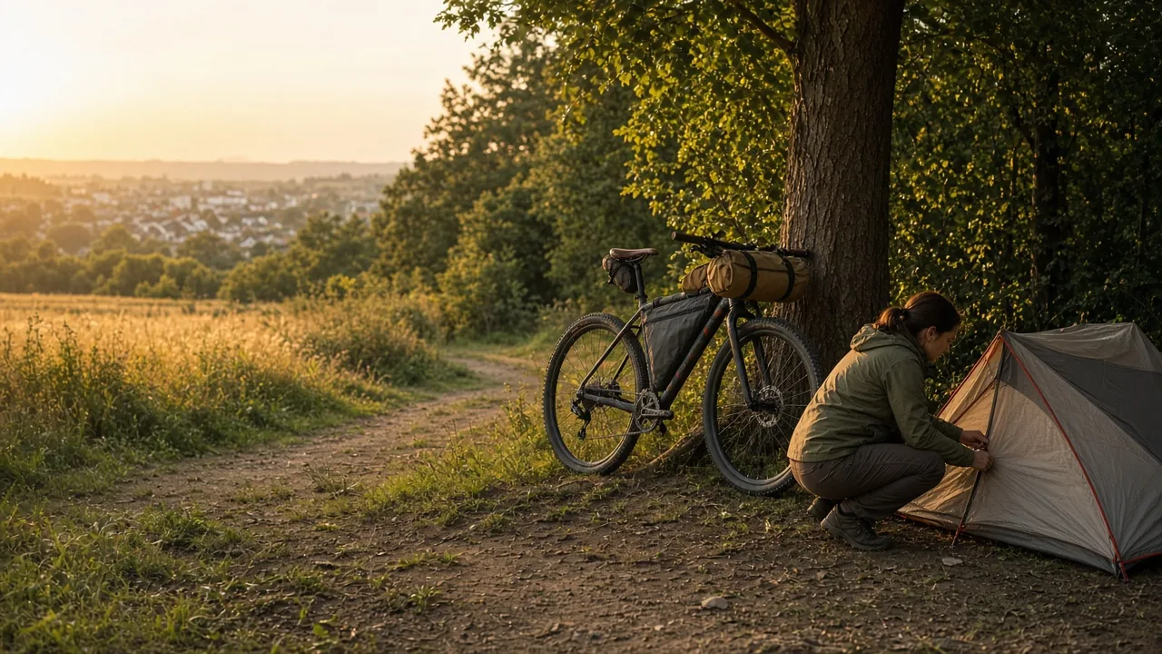 A woman sets up a small tent beside her loaded bike at an evening camp near a wooded trail.