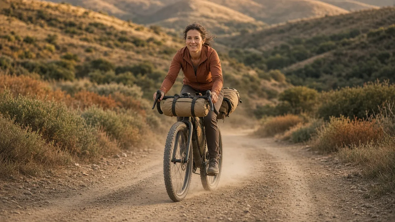 A smiling woman rides a loaded bikepacking bike down a dirt road through golden hills.