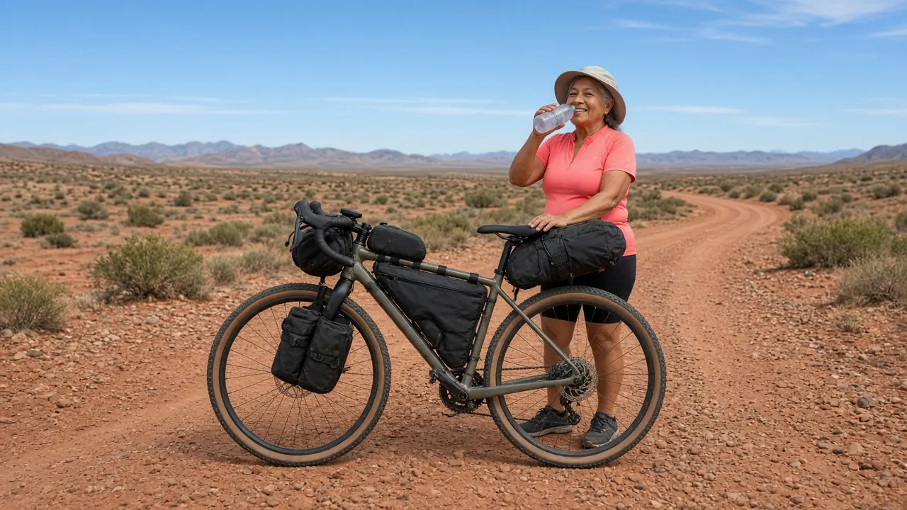 A woman in a sun hat drinks water beside her loaded bike on a red dirt road in open desert.